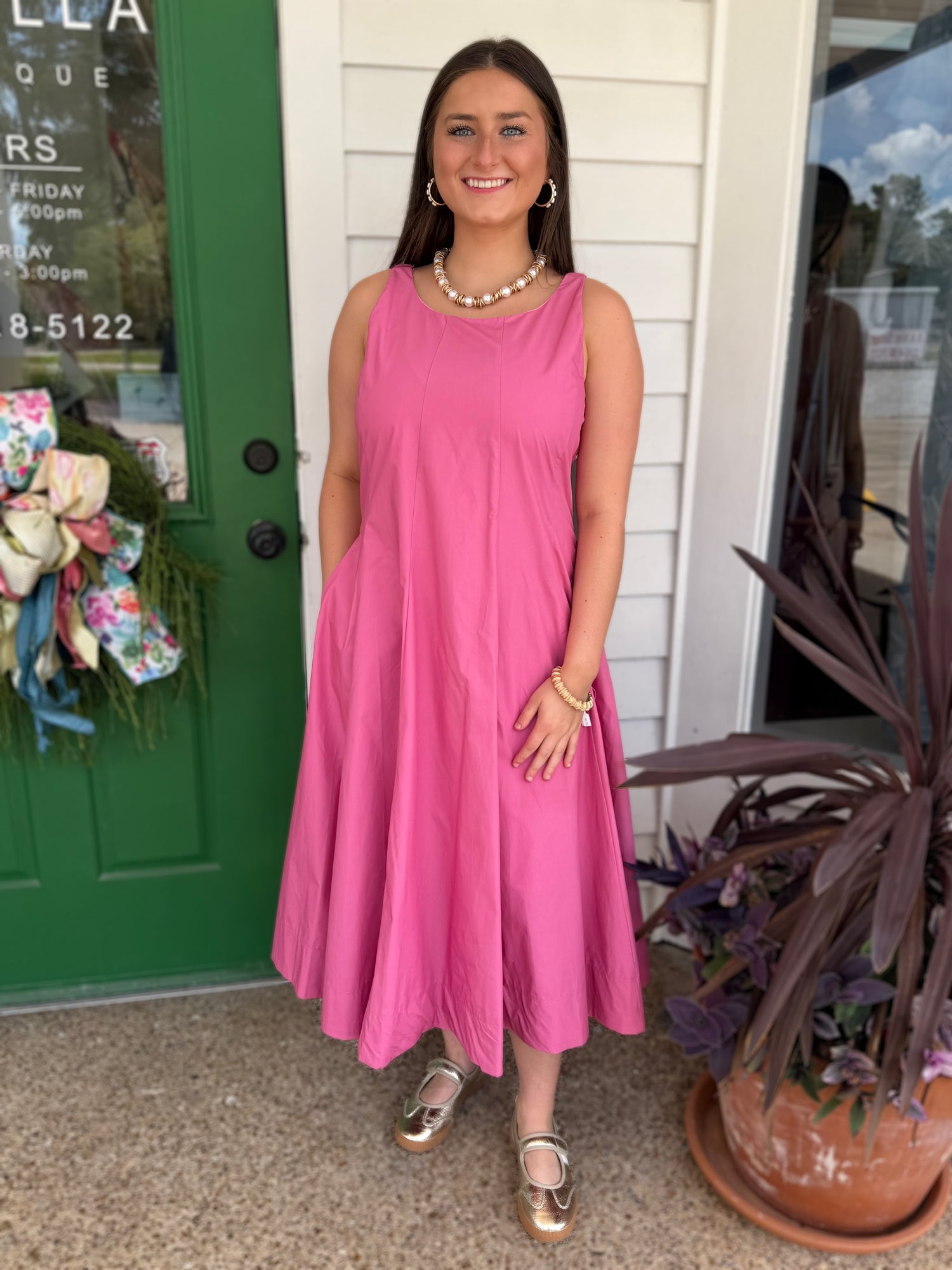 DUSTY PINK FITTED BODICE FLARED SLEEVELESS MIDI DRESS
