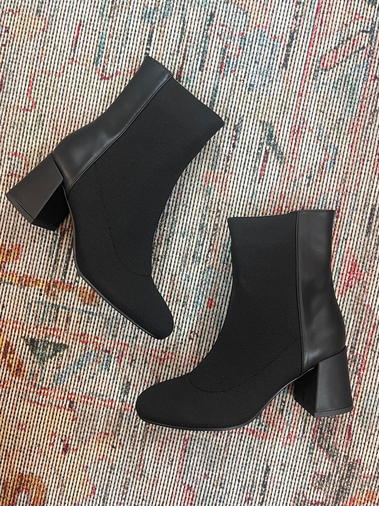 BLACK LEATHER &amp; STRETCH-KNIT BRONWEN ANKLE BOOT
