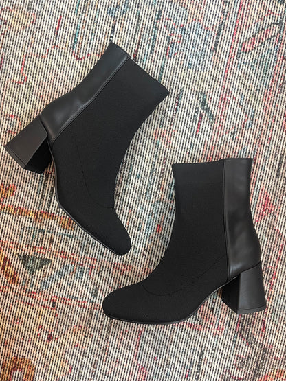 BLACK LEATHER &amp; STRETCH-KNIT BRONWEN ANKLE BOOT