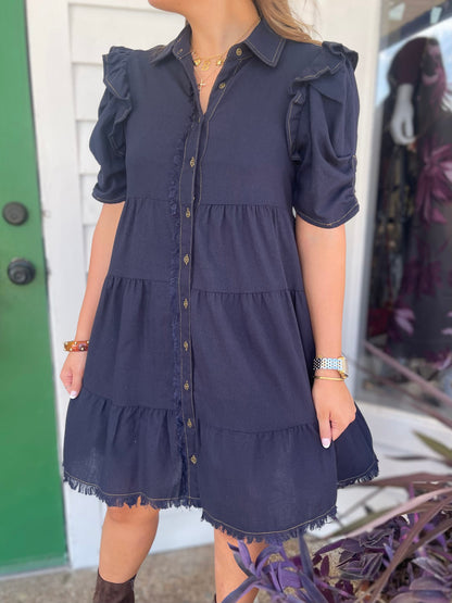 DARK NAVY LINEN BUTTON UP TIERED FRAYED HEM MINI DRESS