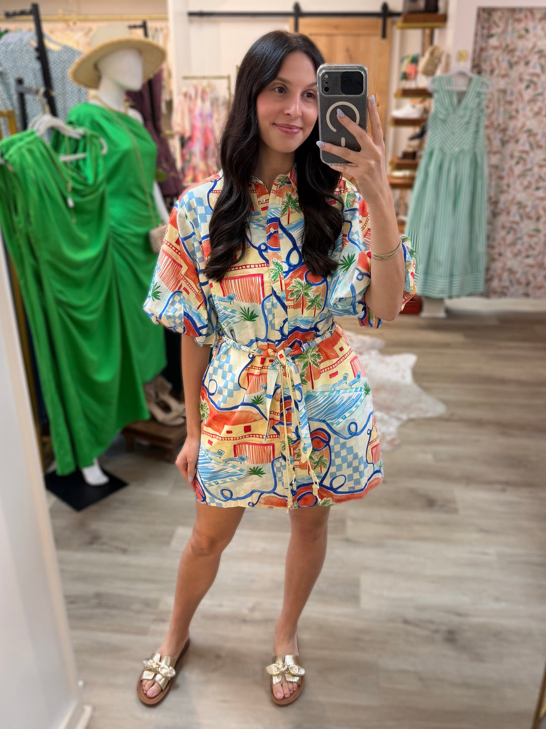 BLUE MULTI VACATION PRINT SHORT PUFF SLEEVE BUTTON UP MINI DRESS