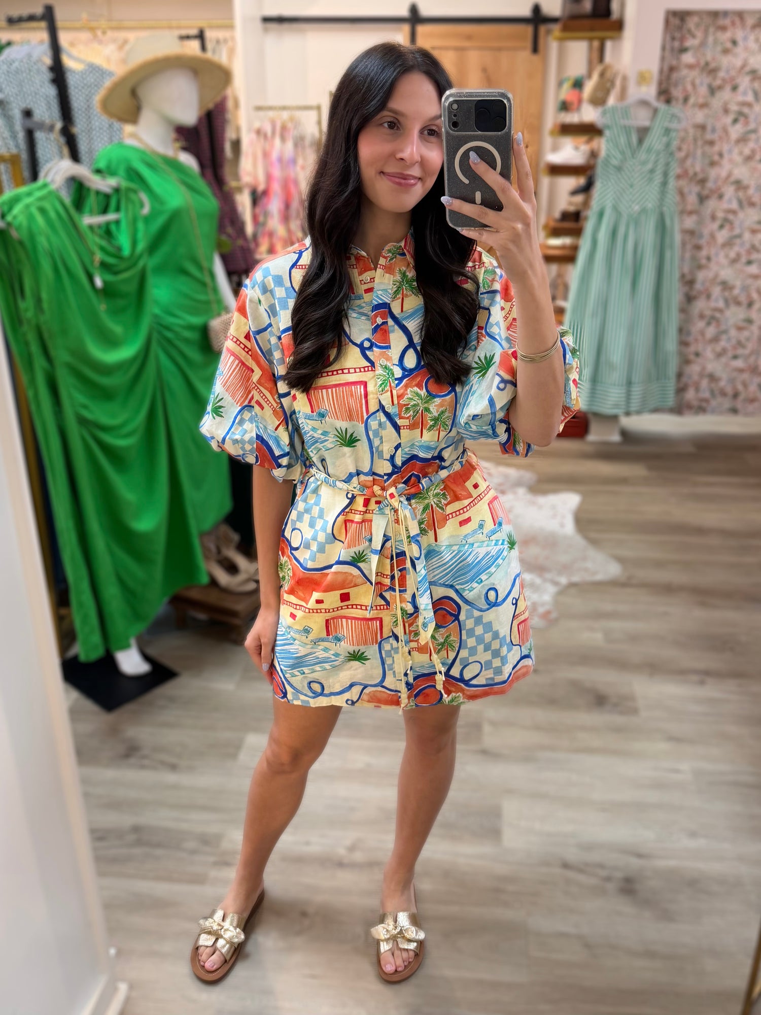 BLUE MULTI VACATION PRINT SHORT PUFF SLEEVE BUTTON UP MINI DRESS