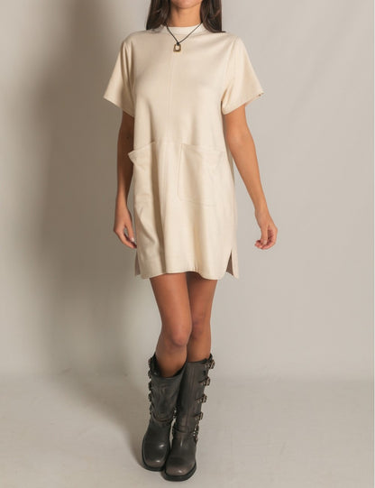 ECRU FAUX MICROSUEDE RIB CONTRAST SHORT SLEEVE SHIFT MINI DRESS
