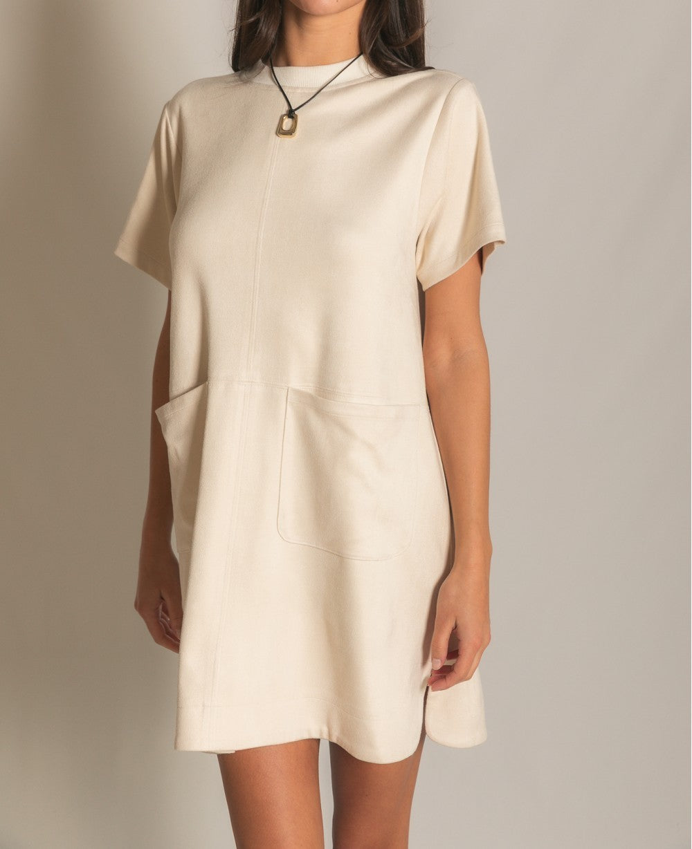 ECRU FAUX MICROSUEDE RIB CONTRAST SHORT SLEEVE SHIFT MINI DRESS