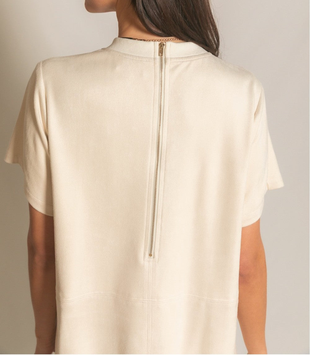 ECRU FAUX MICROSUEDE RIB CONTRAST SHORT SLEEVE SHIFT MINI DRESS