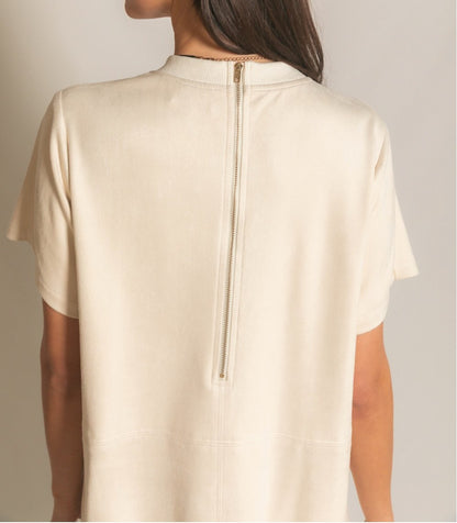 ECRU FAUX MICROSUEDE RIB CONTRAST SHORT SLEEVE SHIFT MINI DRESS