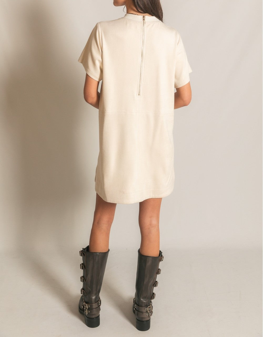 ECRU FAUX MICROSUEDE RIB CONTRAST SHORT SLEEVE SHIFT MINI DRESS
