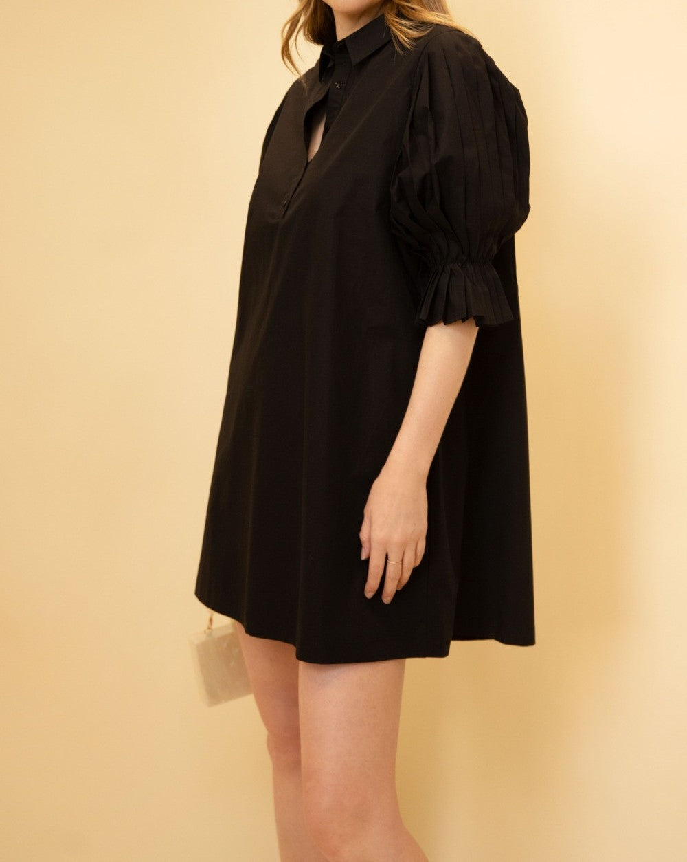 BLACK POPLIN PLEATED SLEEVE SHIRT DRESS