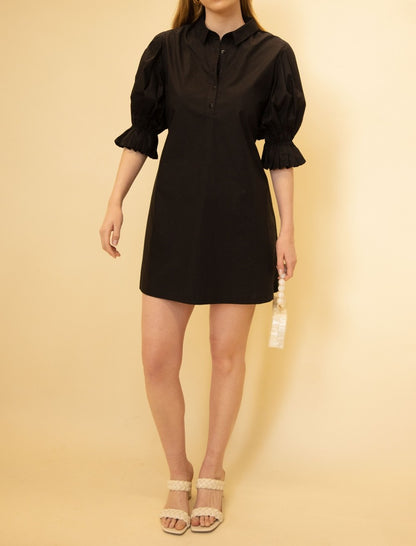 BLACK POPLIN PLEATED SLEEVE SHIRT DRESS