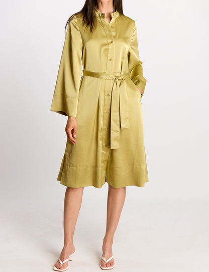 LIGHT MOSS SATIN LONG KIMONO SLEEVE BUTTON UP SHIRT MIDI DRESS