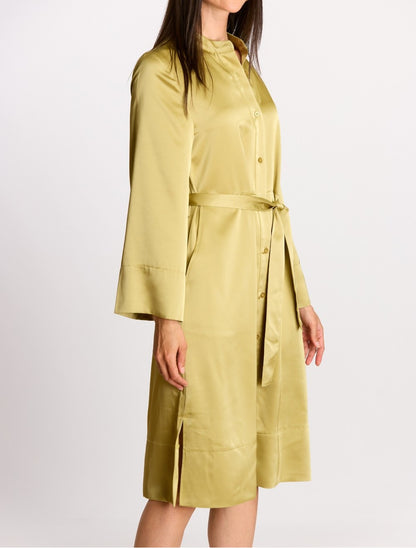 LIGHT MOSS SATIN LONG KIMONO SLEEVE BUTTON UP SHIRT MIDI DRESS