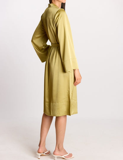 LIGHT MOSS SATIN LONG KIMONO SLEEVE BUTTON UP SHIRT MIDI DRESS