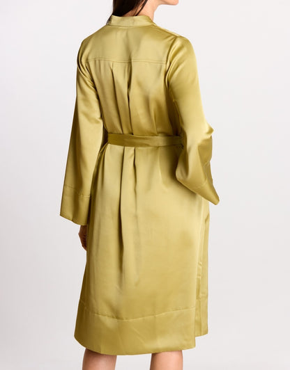 LIGHT MOSS SATIN LONG KIMONO SLEEVE BUTTON UP SHIRT MIDI DRESS