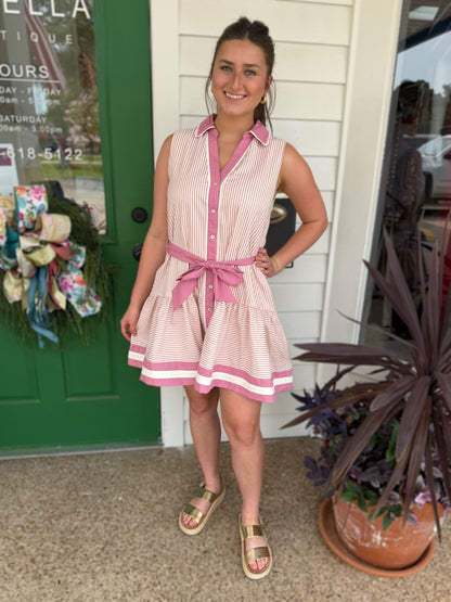 DUSTY PINK STRIPED CONTRAST BAND SLEEVELESS MINI DRESS