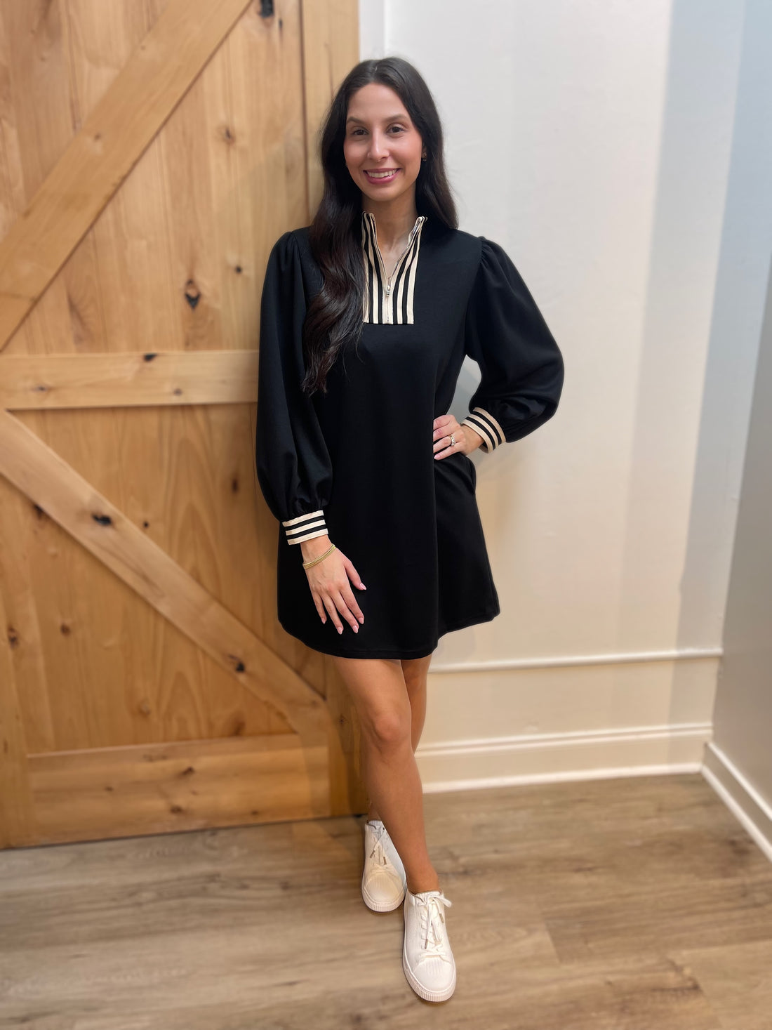 BLACK STRIPE CONTRAST DETAILING FRONT ZIP LONG PUFF SLEEVE MINI DRESS