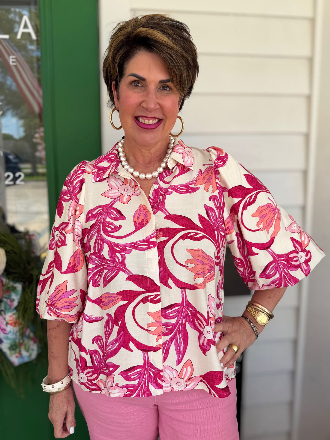 FUCHSIA FLORAL PRINT 3/4 BUBBLE SLEEVE BUTTON UP TOP