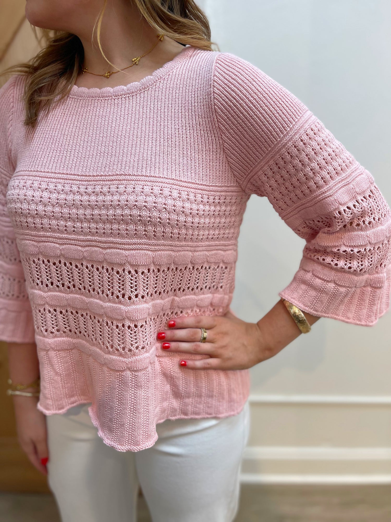 BLUSH 3/4 SLEEVE CROCHET KNIT SWEATER TOP