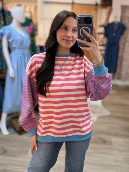 IVORY/PINK/BLUE CONTRAST RIBBED BAND COLOR-BLOCK STRIPED SWEATSHIRT