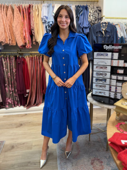 DAZZLING BLUE SHORT PUFF SLEEVE TIERED MAXI DRESS