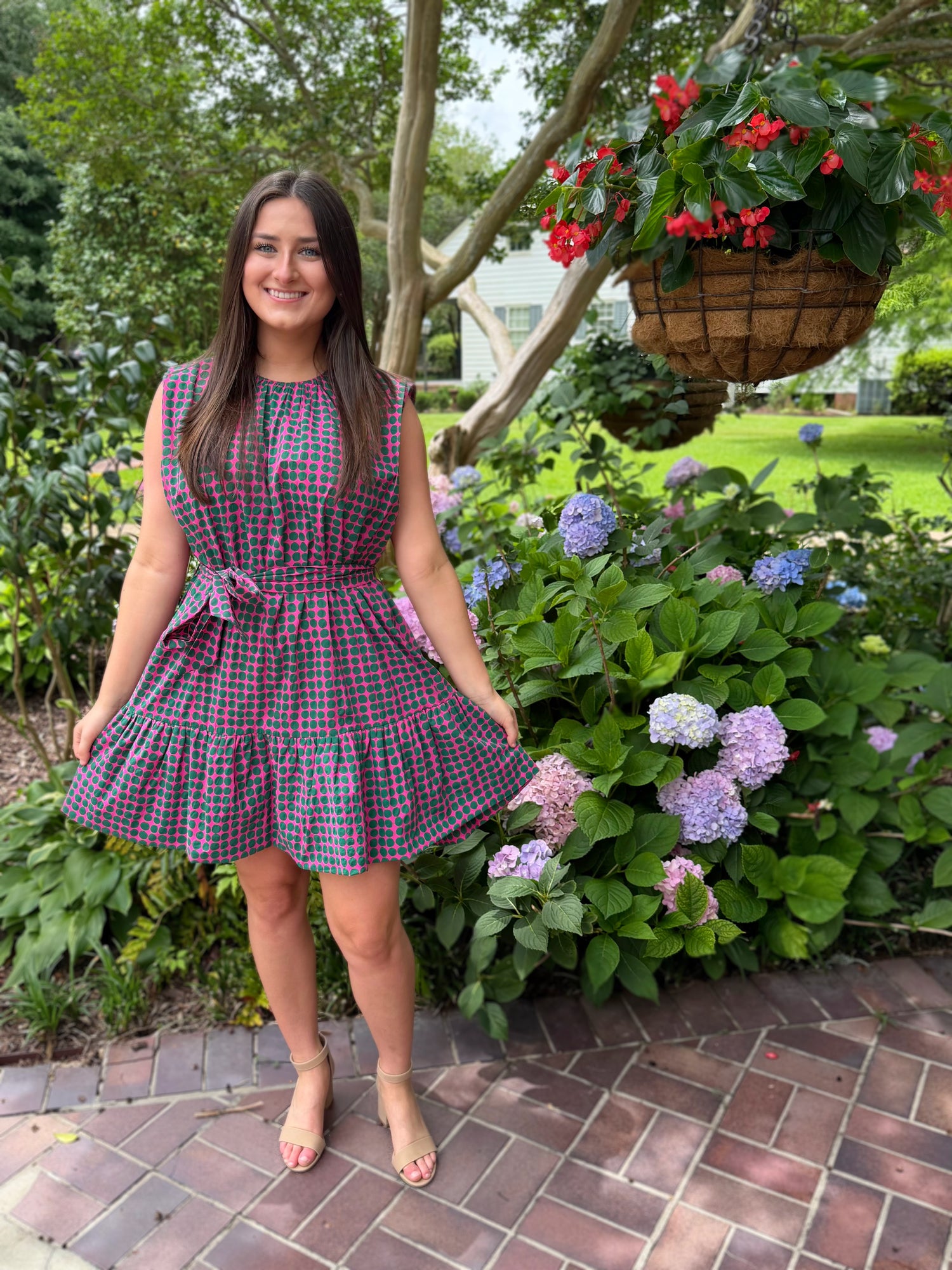 PINK &amp; GREEN POLKA DOT TIERED MINI DRESS