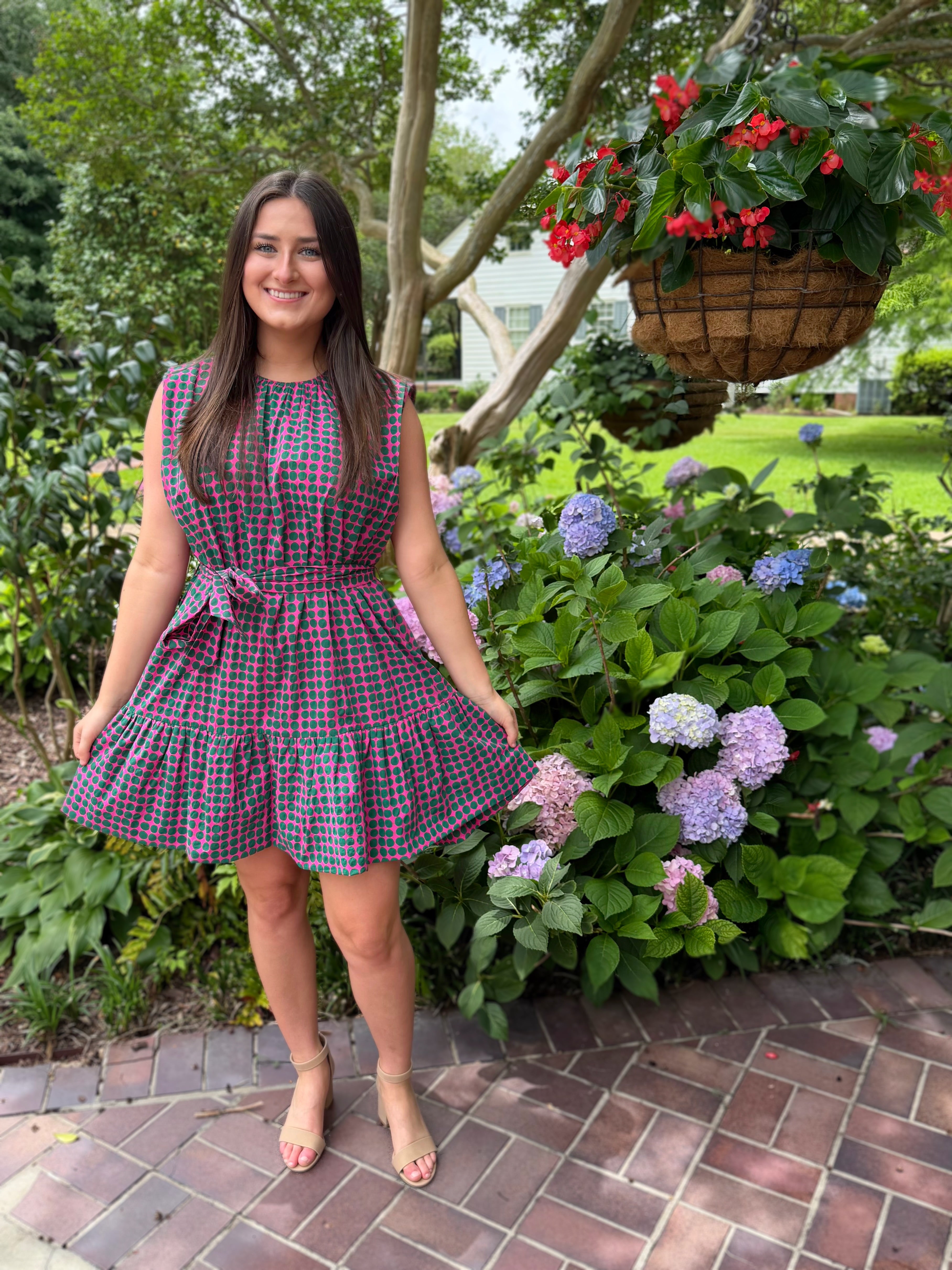 PINK &amp; GREEN POLKA DOT TIERED MINI DRESS