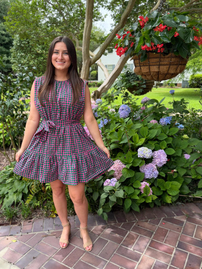 PINK &amp; GREEN POLKA DOT TIERED MINI DRESS