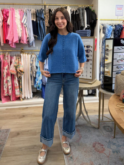 URBAN BLUE BUTTON UP SHORT SLEEVE SWEATER