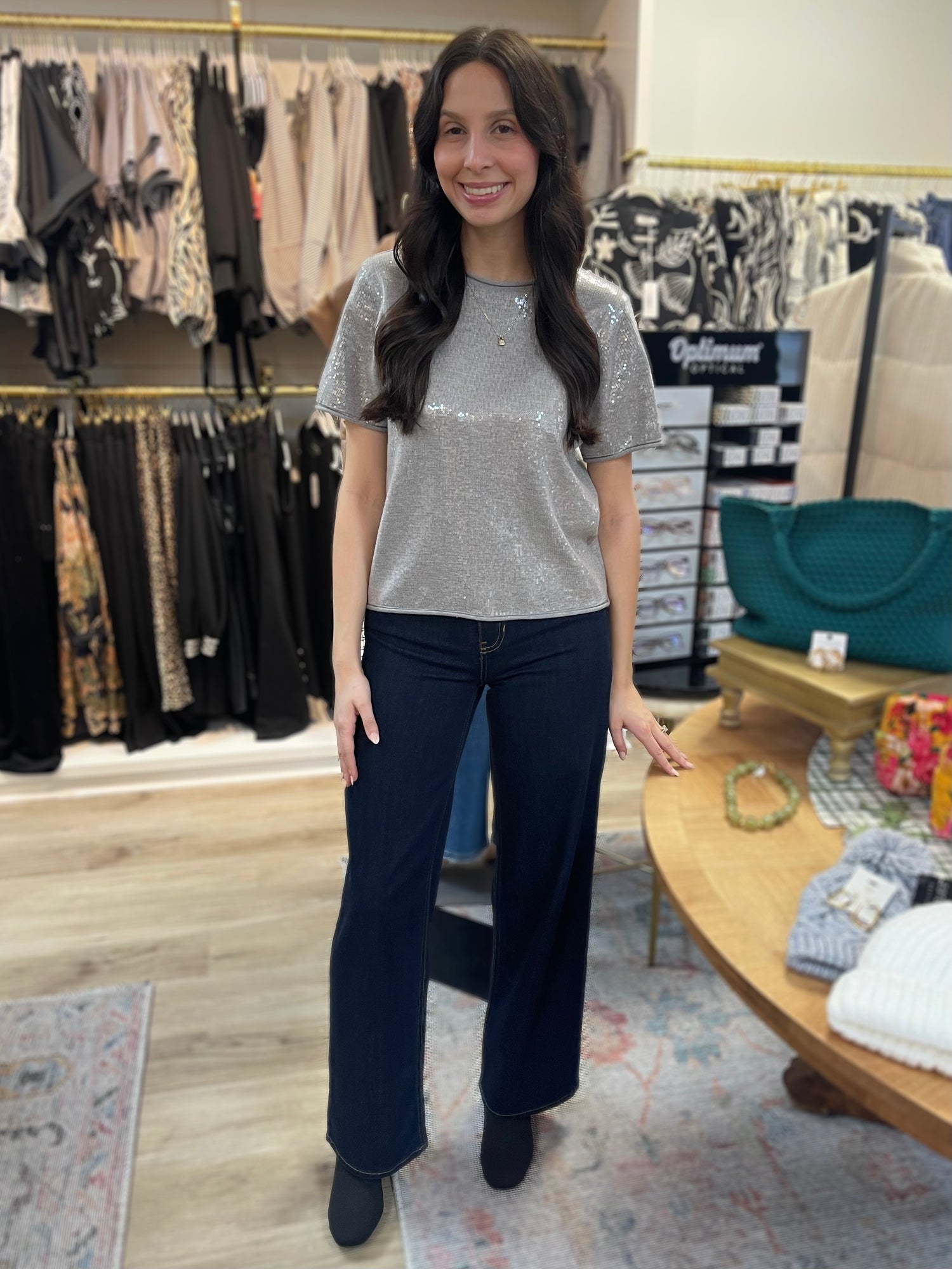 HEATHER GREY TINY SEQUIN SHORT SLEEVE SWEATER TOP