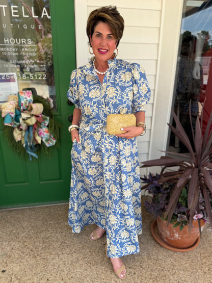BLUE BLOOMPORT PRINT MARIANNE MAXI DRESS