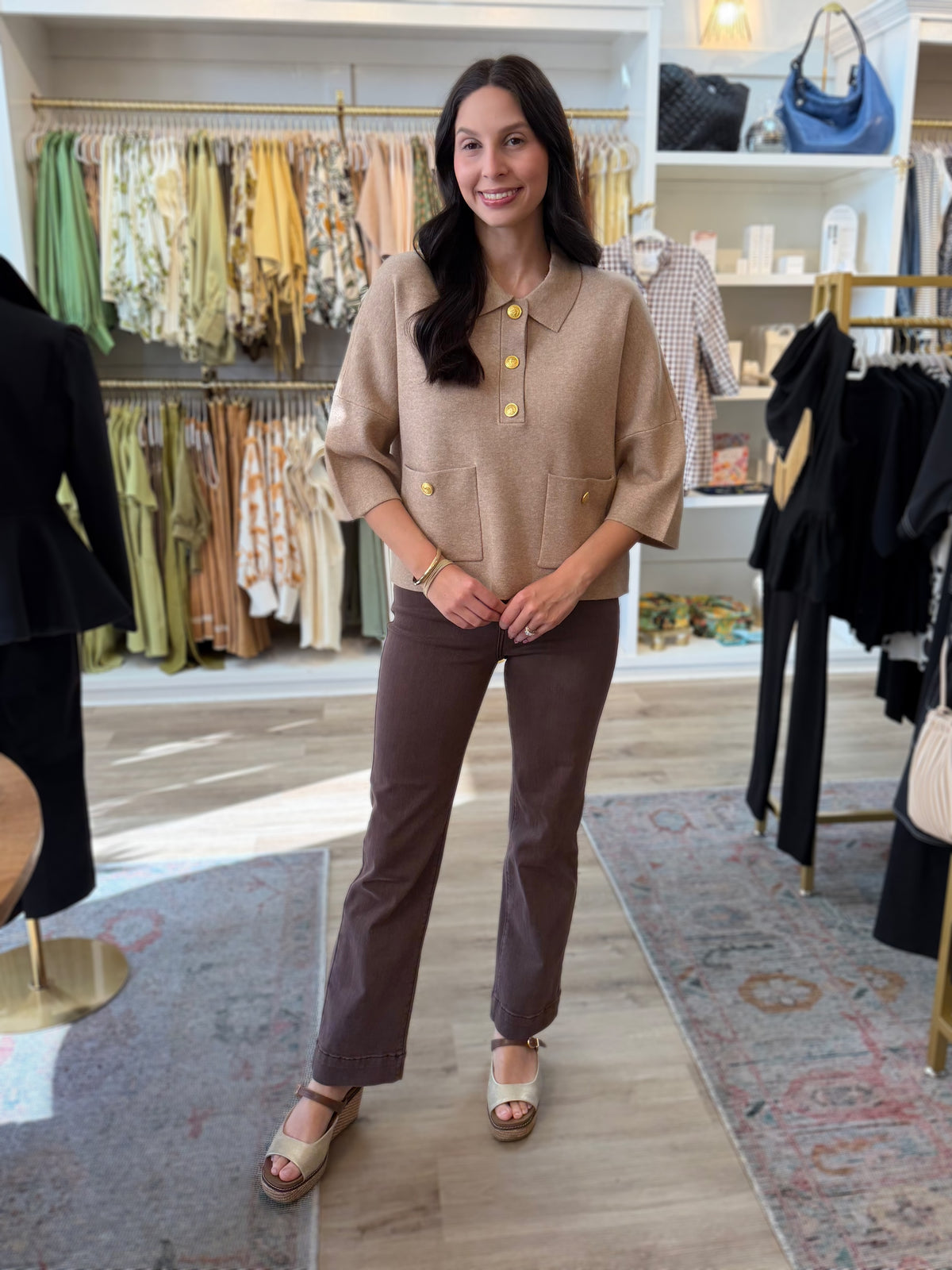 HEATHER SAND COLLARED GOLD BUTTON FRONT KNIT POLO TOP