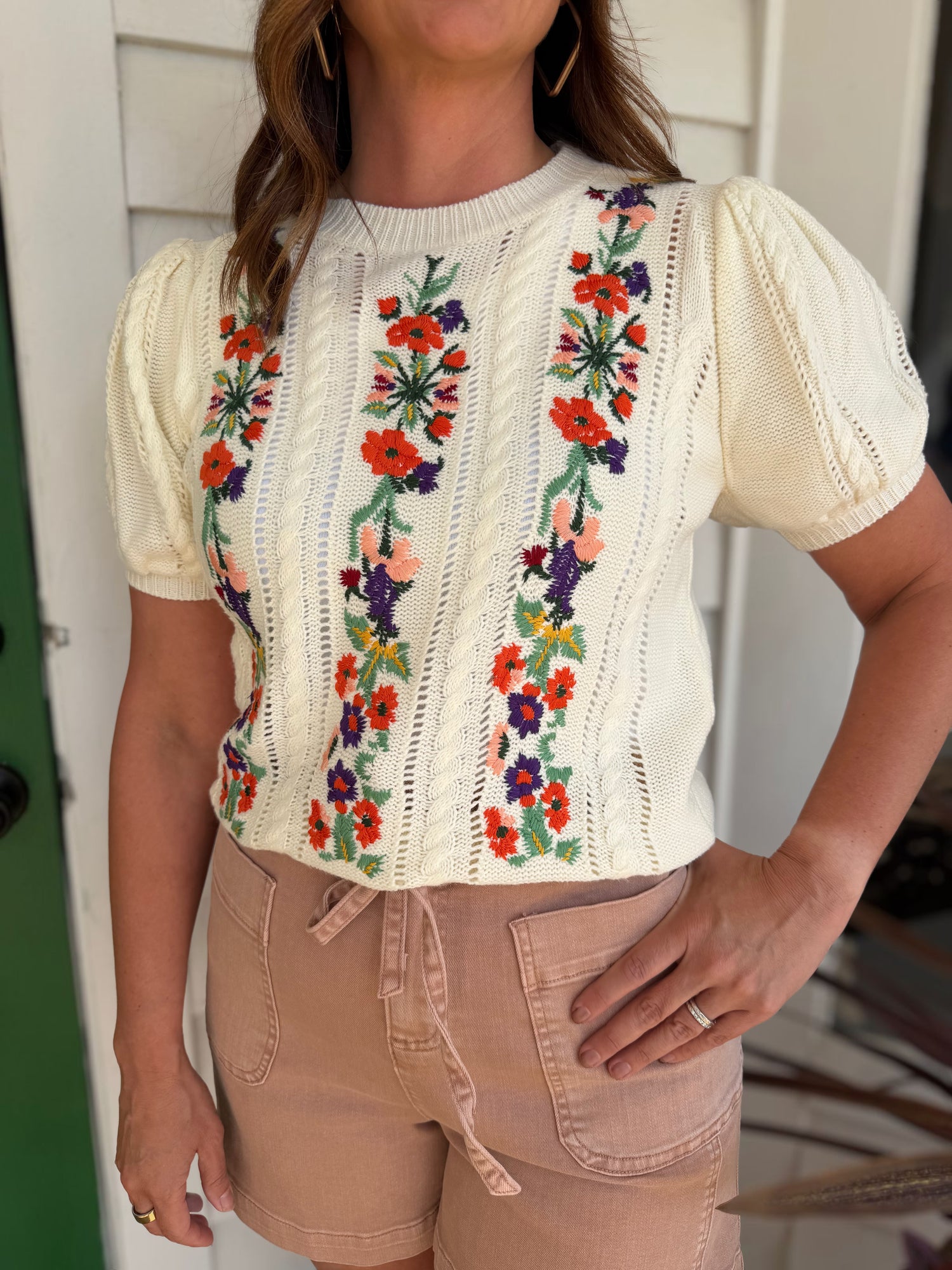 CREAM MULTI FLORAL EMBROIDERED POINTELLE KNITTED TOP