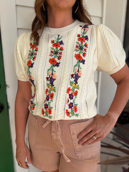 CREAM MULTI FLORAL EMBROIDERED POINTELLE KNITTED TOP