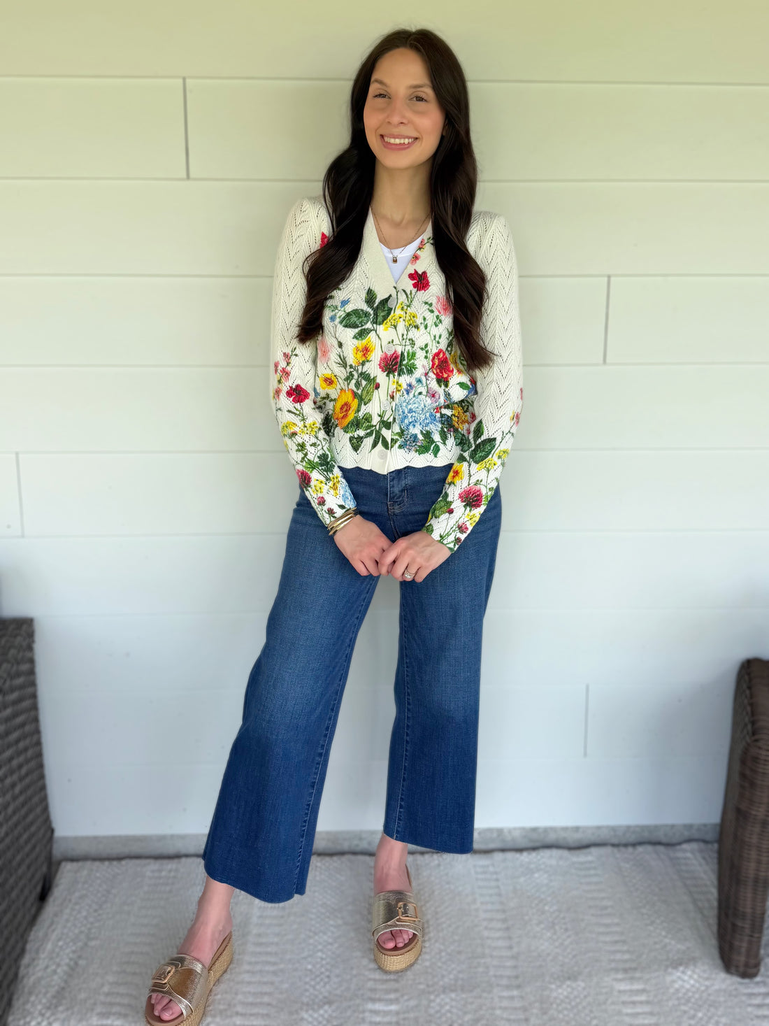 CREAM MULTI FLORAL PRINT LONG SLEEVE COTTON SWEATER CARDIGAN