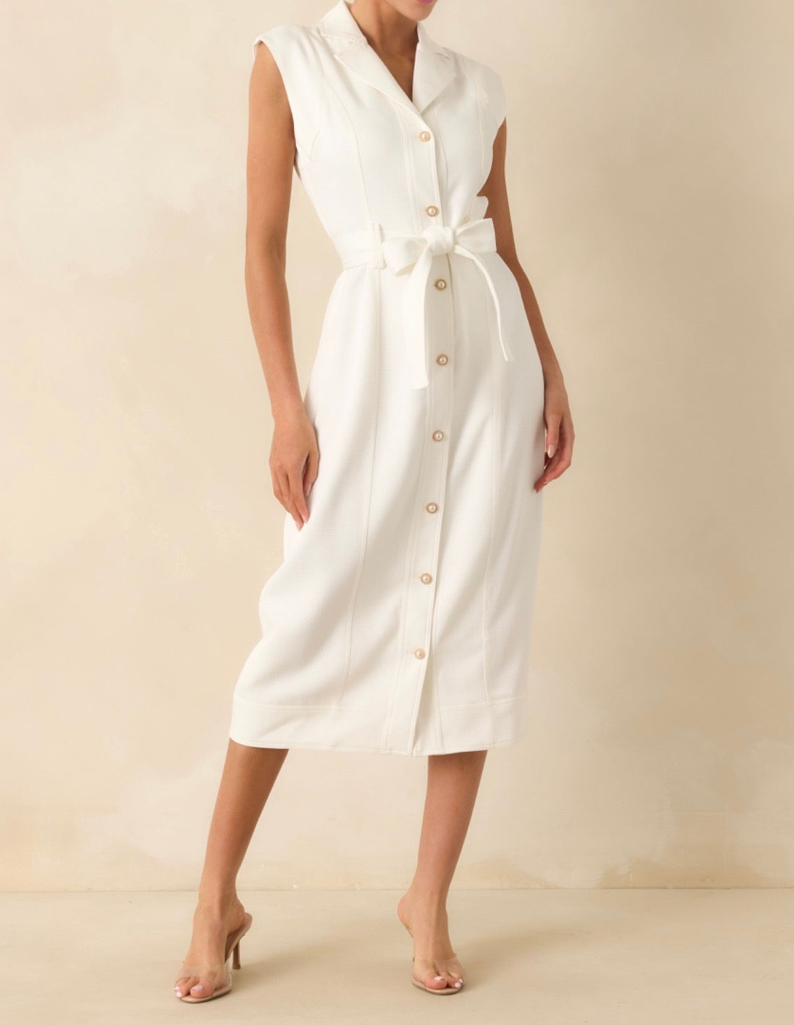 WHITE BUTTON UP BELTED JACQUELINE MIDI DRESS