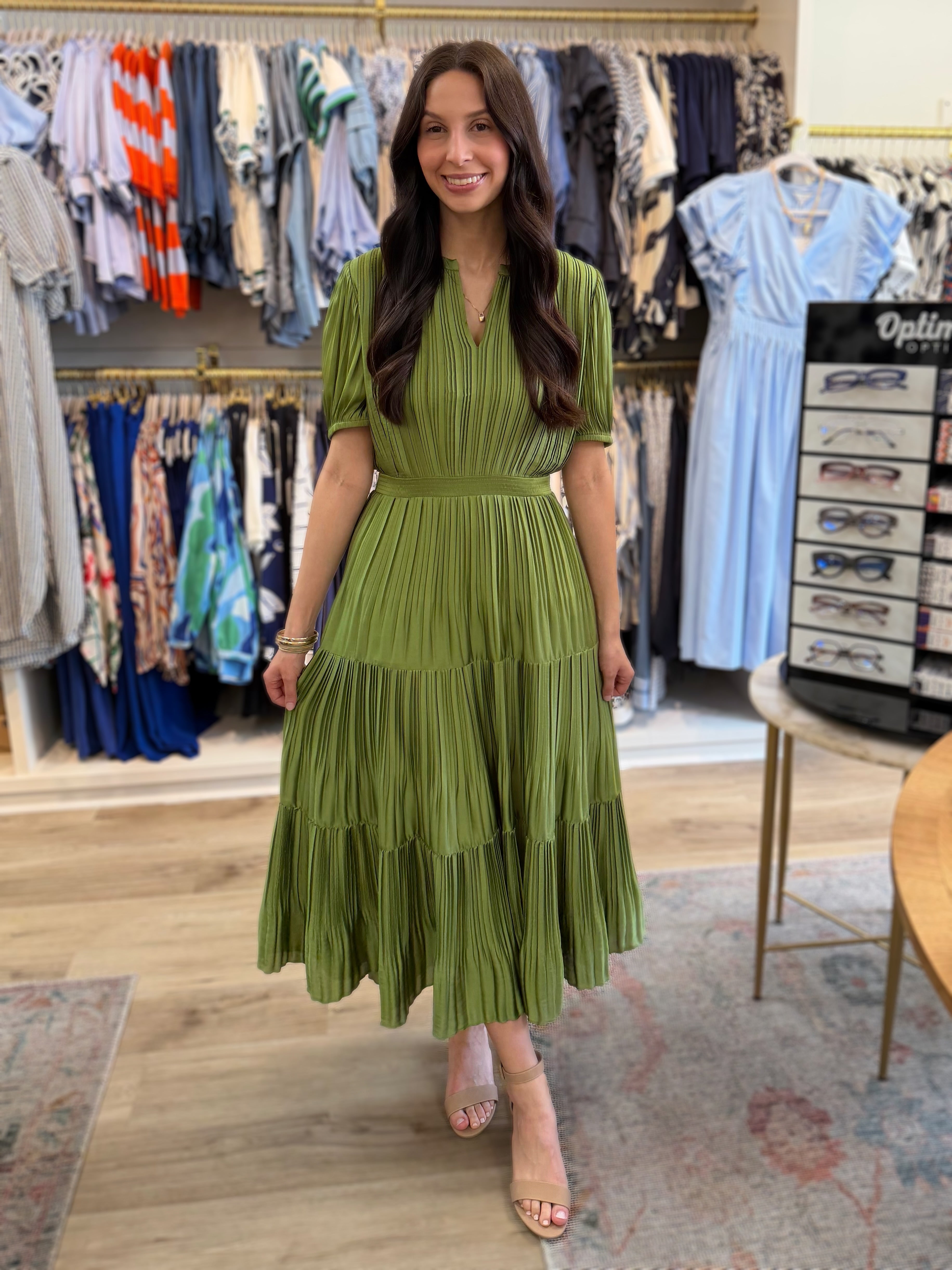 OLIVE PLEATED SPLIT NECK SHORT PUFF SLEEVE TIERED MAXI DRESS