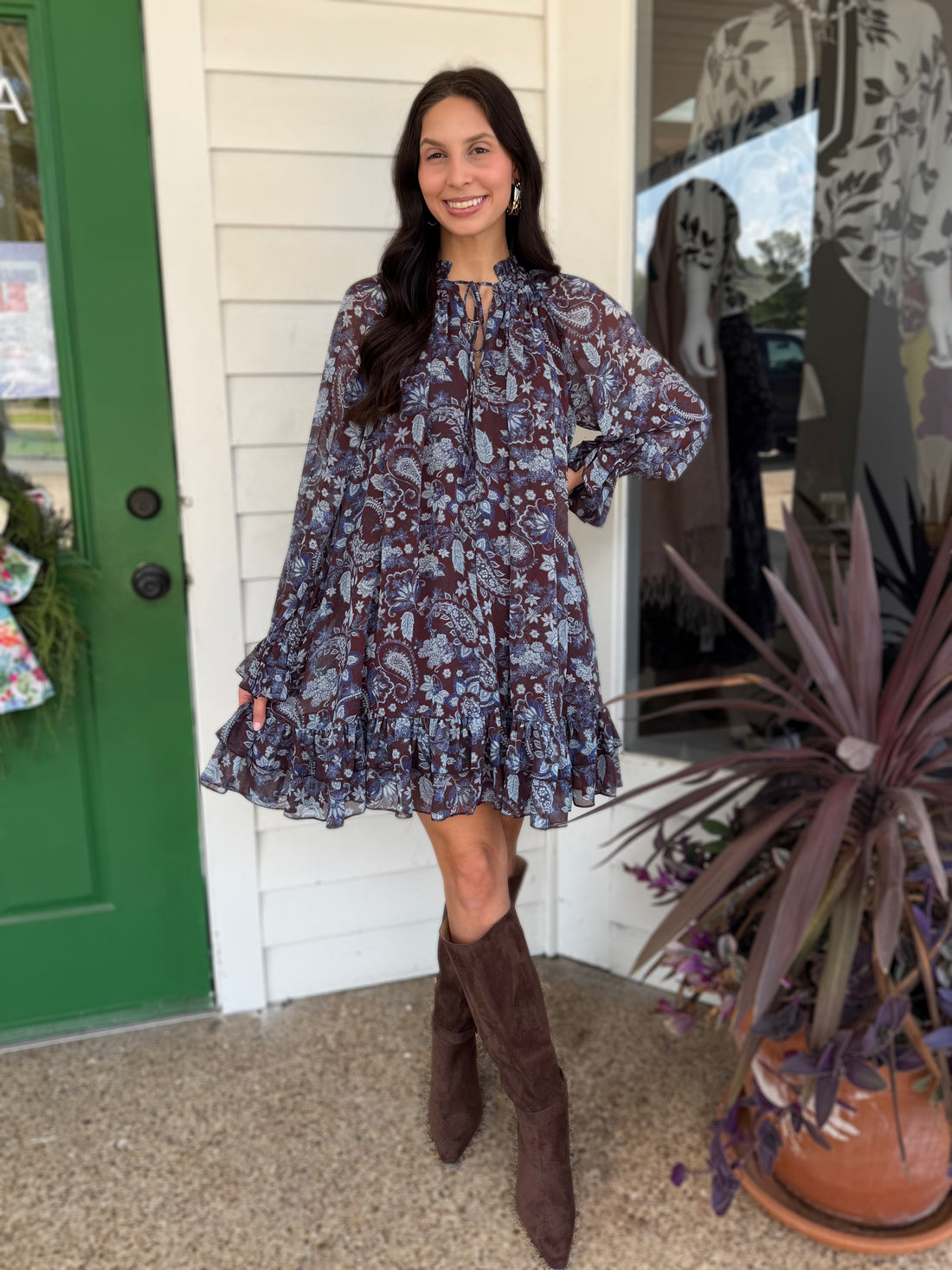WINE/BROWN FLORAL PRINT LONG SLEEVE RUFFLE TIERED MINI DRESS