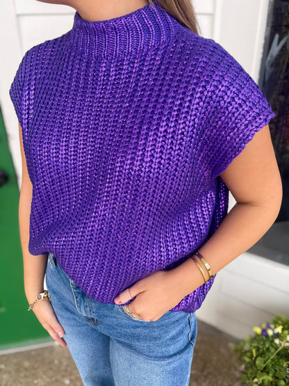 PURPLE METALLIC FOIL MOCK NECK SWEATER VEST