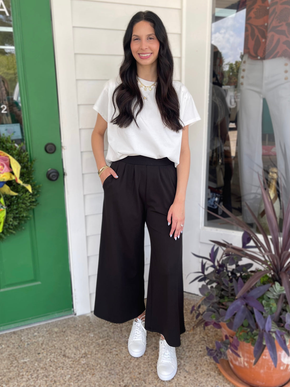 BLACK STRETCH YOGA KNIT WIDE LEG PLEATED PALAZZO PANTS