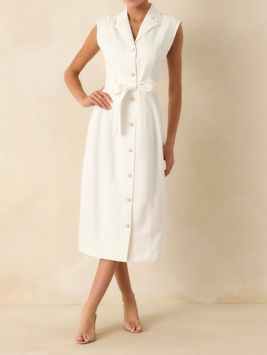 WHITE BUTTON UP BELTED JACQUELINE MIDI DRESS
