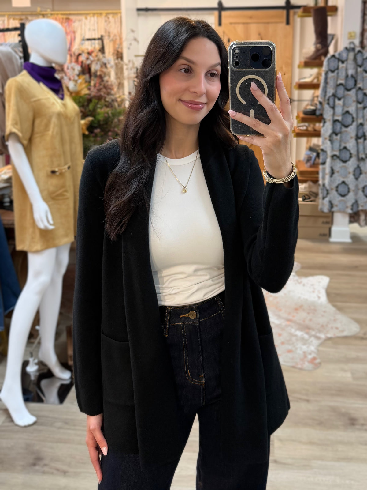 BLACK OPEN FRONT KNIT CARDIGAN SWEATER