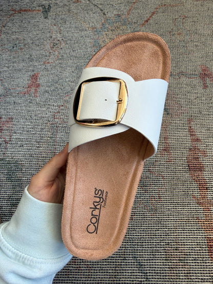 IVORY WIDE FAUX LEATHER GOLD BUCKLE STRAP SLIP ON SANDAL