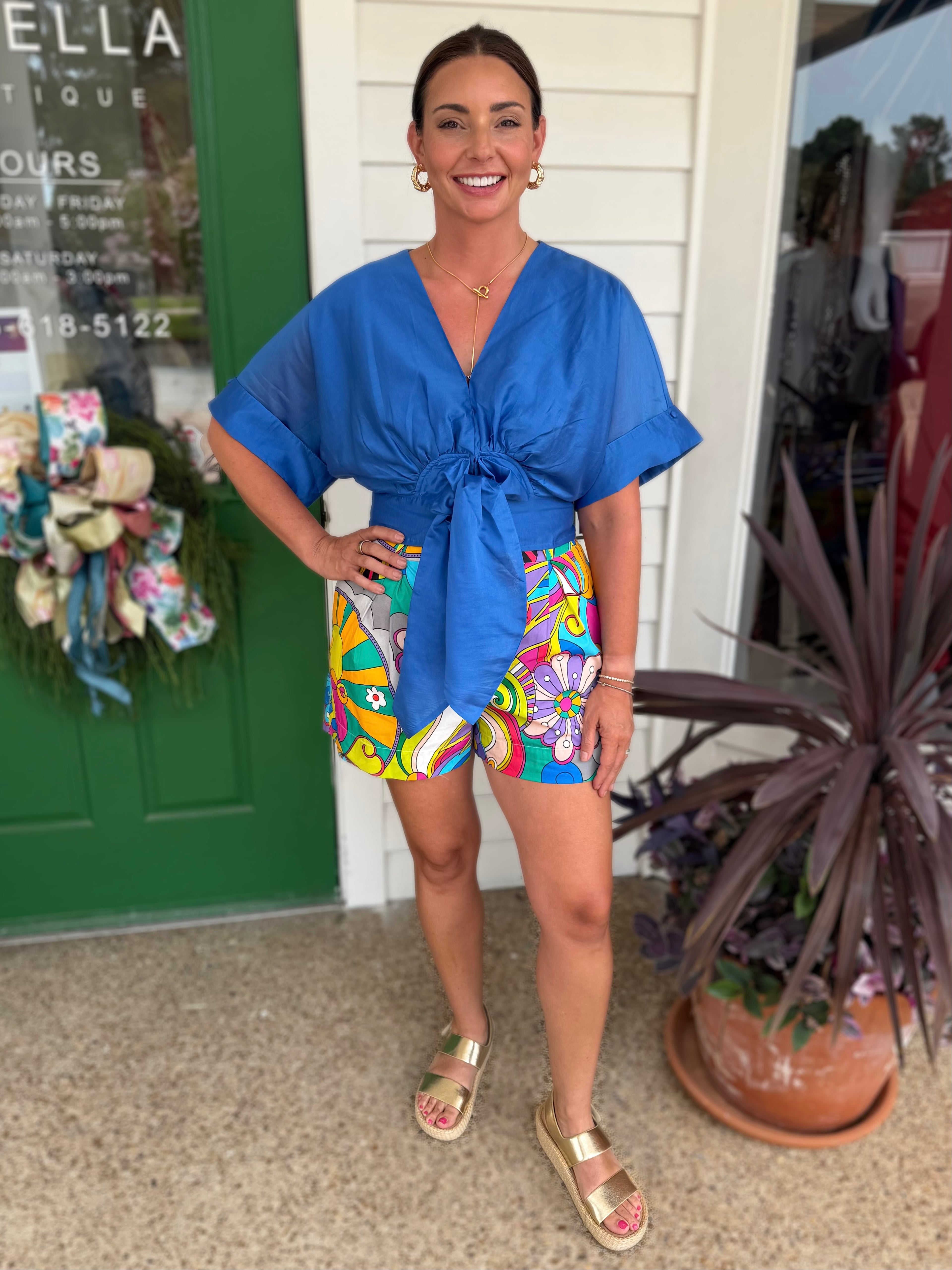 BLUE TIE FRONT CLARISA BLOUSE