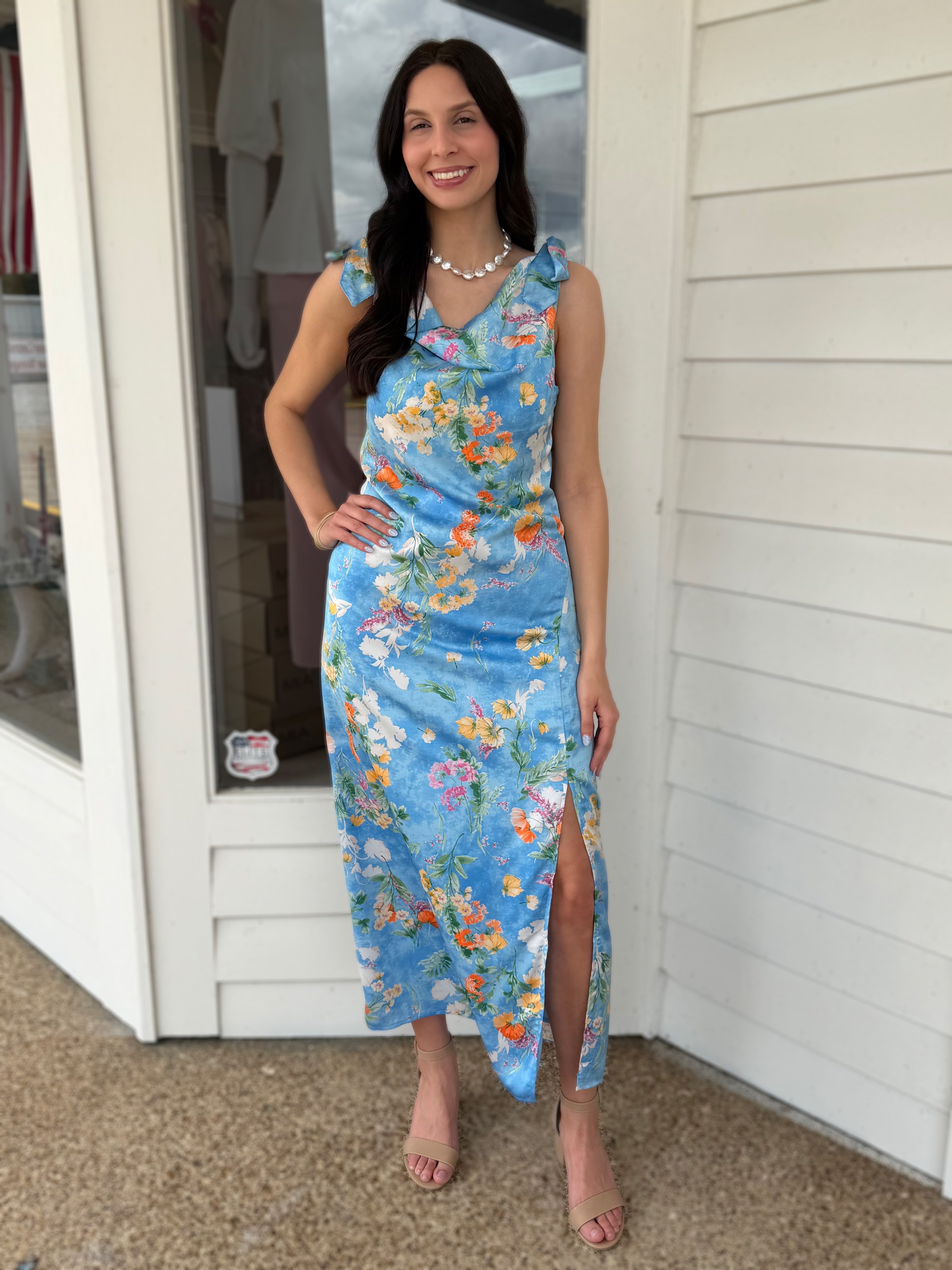 BLUE MULTI FLORAL PRINT COWL NECK SLEEVLESS TIE SHOULDER SATIN MIDI DRESS