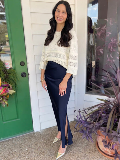 NAVY SATIN SIDE-SLIT MIDI SKIRT