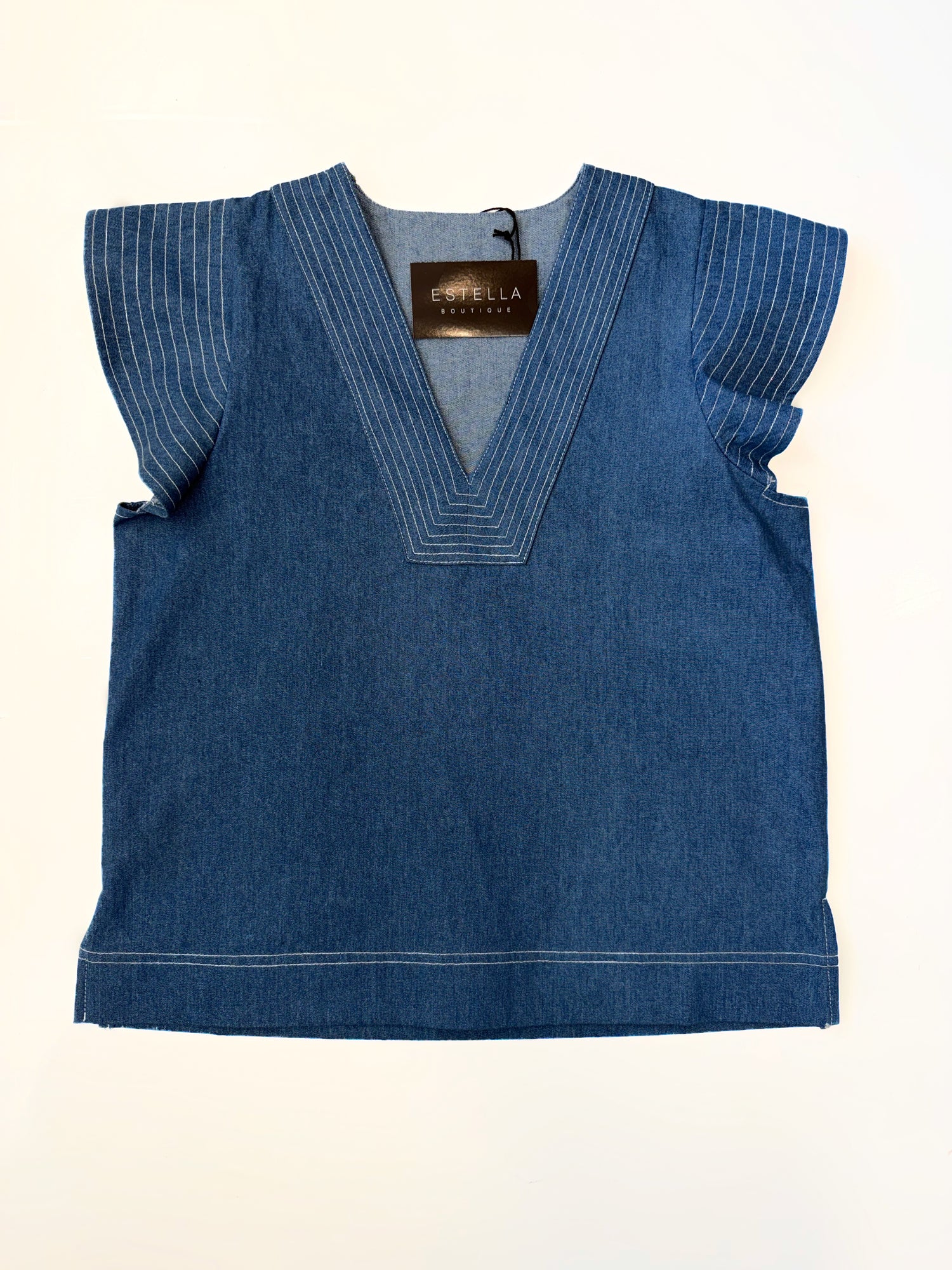 DENIM BLUE CONTRAST STITCH SHORT RUFFLE SLEEVE VNECK TOP
