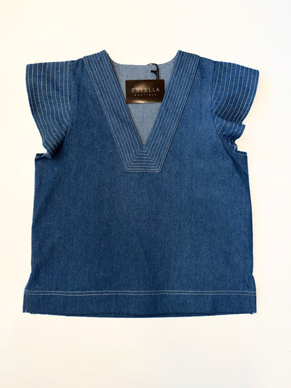 DENIM BLUE CONTRAST STITCH SHORT RUFFLE SLEEVE VNECK TOP
