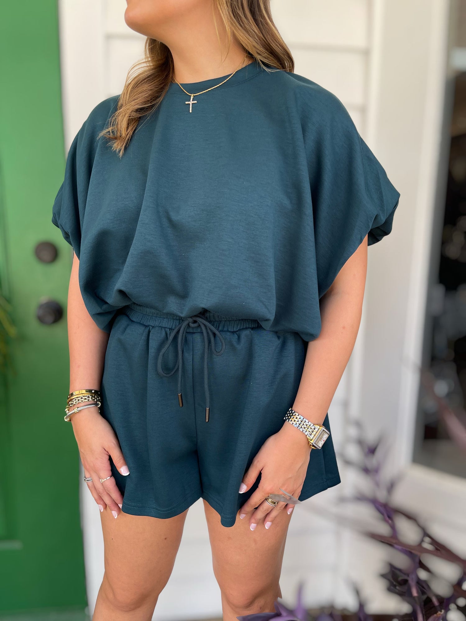 TEAL BUBBLE HEM PULLOVER SHORT SET