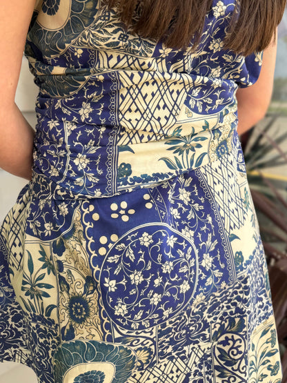 NAVY PATCHWORK PRINT COTTON POPLIN SIDE WAIST TIE SLEEVELESS SHIRT MINI DRESS