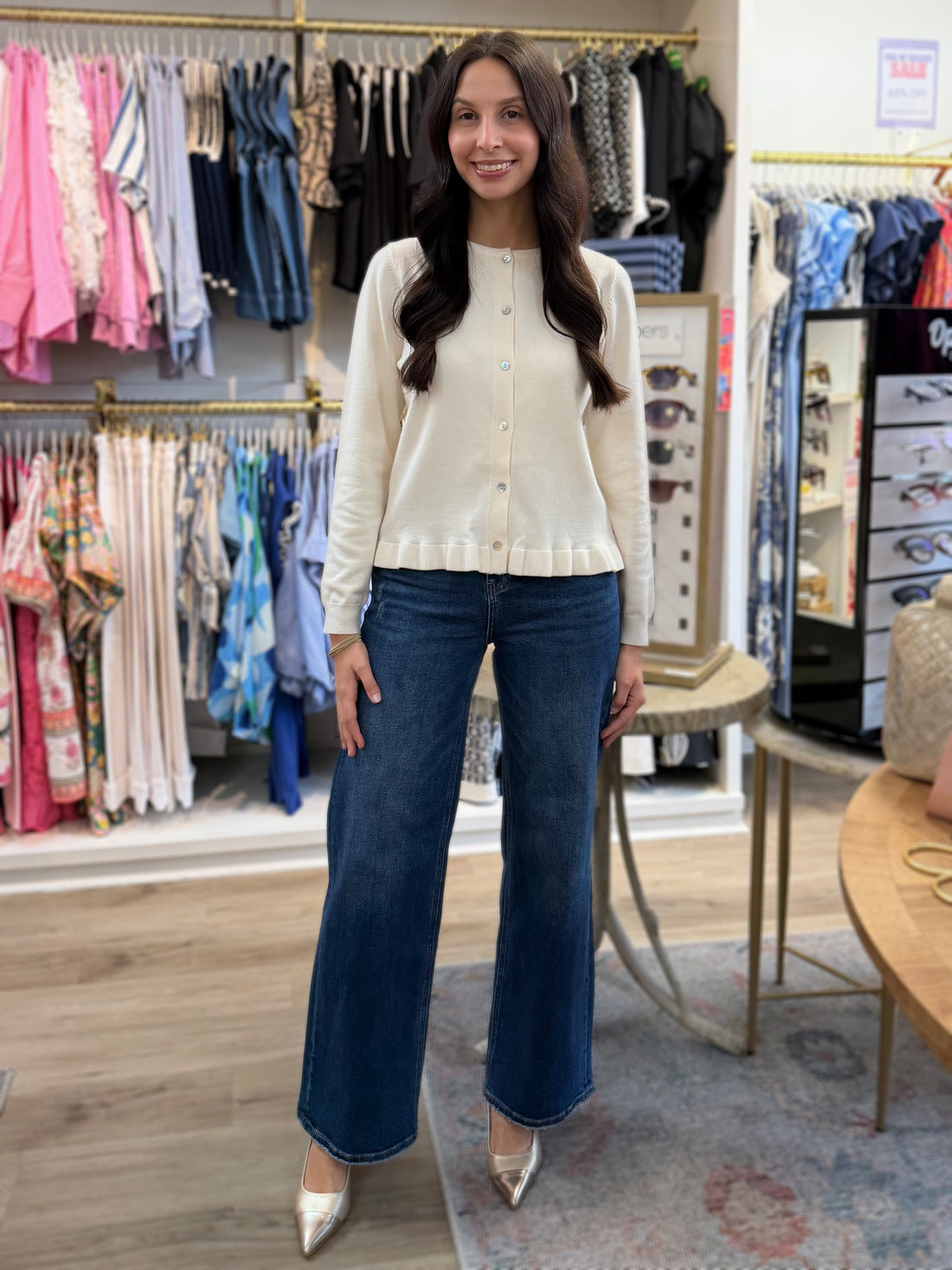 CREAM BUTTON UP PLEATED LONG SLEEVE CARDIGAN