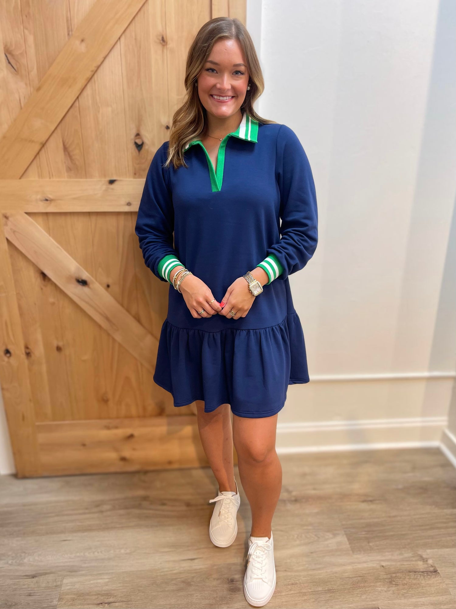 NAVY POLO STYLE STRIPE TRIM DROP WAIST LONG SLEEVE ALLISON MINI DRESS